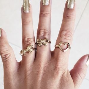 cute gold rings (unicorn, ribbon bow, and heart)